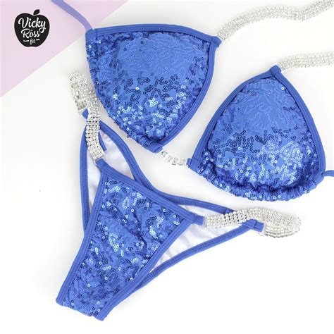 Blue Competition Bikini Suit NPC IFBB OCB Sequin Vicky Ross Fit