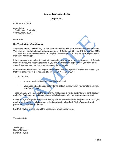 Termination Letter Poor Performance Free Template Sample Lawpath