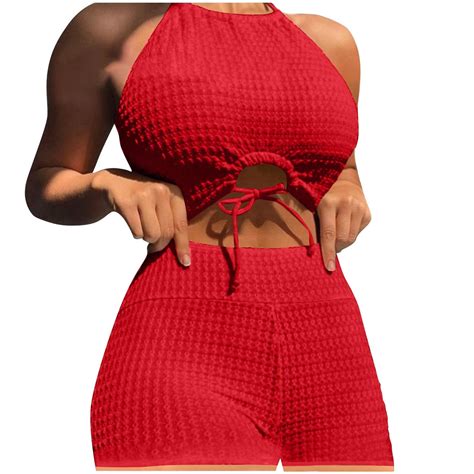 Halter Belt Swimsuits For Women Two Piece Tankini Sets Waffle Knitted Swimsuit Bikini Full