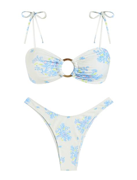 Zaful Women S Sexy Tie Spaghetti Strap Bikini Textured O Ring Ruched High Leg Swimsuit Cheeky