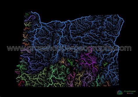 Oregon - River basin map, rainbow on black - Fine Art Print ...