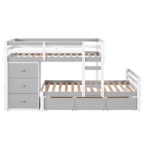 Twin Over Twin Low Bunk Bed With Storage Drawers And Ladder Solid Wood