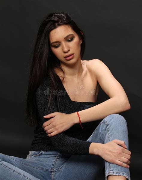 Beautiful Stylish Brunette Female Model Posing In Studio On Background Style Lifestyle