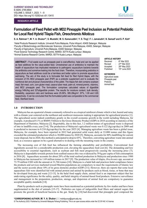 Pdf Formulation Of Feed Pellet With Md2 Pineapple Peel Inclusion As Potential Prebiotic For