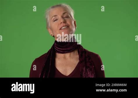 POV Portrait Of Smiling Mature Woman Look At Camera Talking Live Video Conference Call Online