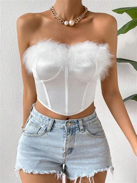 Shein Bae Fuzzy Trim Bustier Crop Tube Top Shein Usa