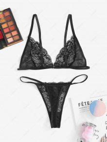 Scalloped Sheer Lace Mesh Lingerie Set In Black Zaful