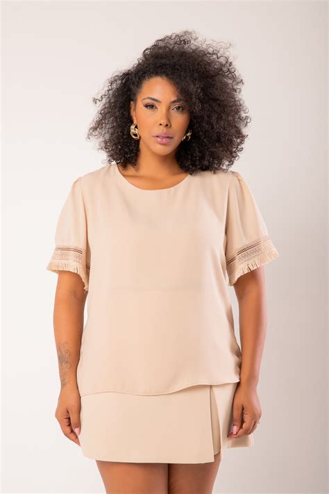 Blusa Renda Franja Nude Rery Roupa Feminina Plus Size