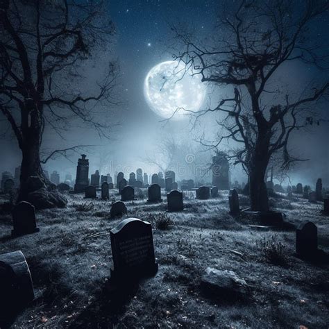 Moonlit Graveyard Scene With Gravestones Stock Illustration