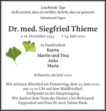 Traueranzeigen Von Dr Med Siegfried Thieme Trauer Nordkurier