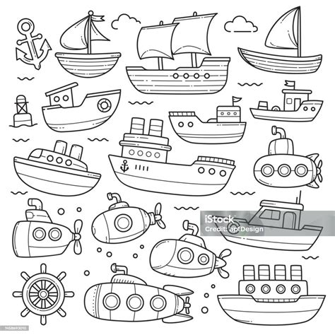 Sketsa Coratcoret Garis Besar Kapal Dan Kapal Selam Digambar Tangan