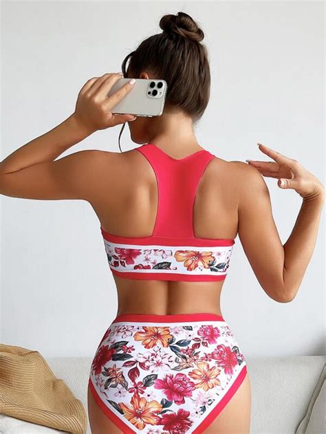 Floral Print Contrast Binding Bikini Swimsuit Shein Usa