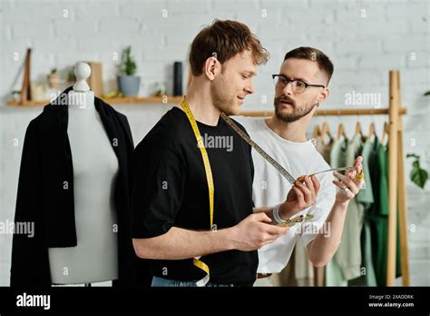 Two Men A Gay Couple Stand Side By Side In A Designer Workshop Focusing On Creating Trendy