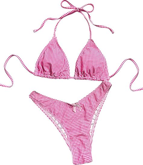 Amazon GORGLITTER Women S High Cut Thong Bikini Set Bow Checkered Halter Triangle Top