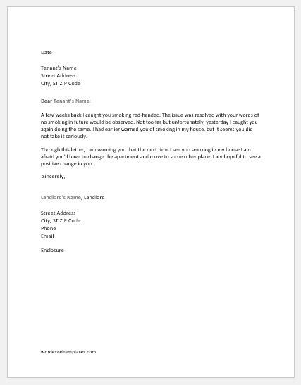 smoking warning letter  tenant word excel templates
