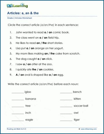 Article Worksheets A An The K5 Learning