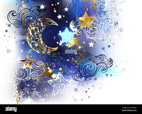 Gold Patterned Crescent Moon With Golden And White Stars On White