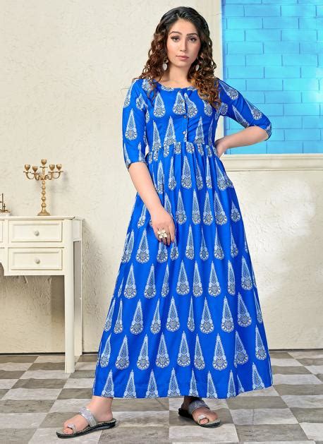 Buy Casual Wear Royal Blue Digital Printed Work Pure Muslin Gown Online