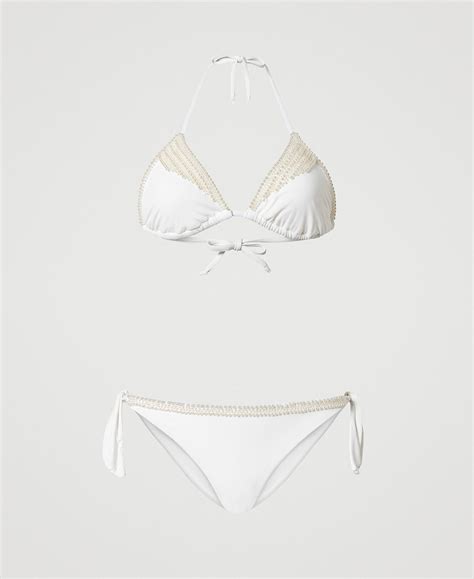 Triangle Bikini Top And Bikini Thong With Pearls Woman White TWINSET Milano
