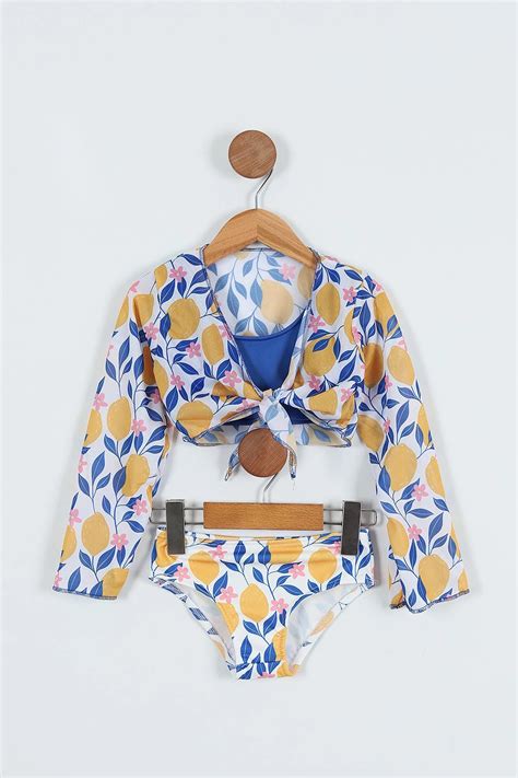 Lacivert Ya Uzun Kol Pareo Desenli K Z Ocuk Bikini Mayo Tak M Tl Modamizbir