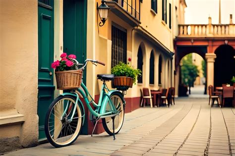 Premium Photo | A bicycle with a basket of flowers in front of a building