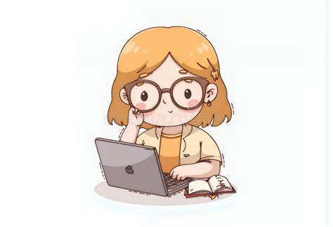Cheerful Blonde Chibi Character Working On Laptop Korean Style Digital Illustration With Soft
