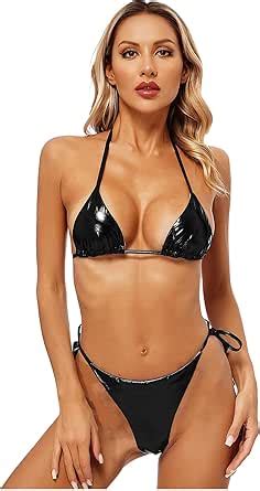 Amazon Liiyii Women S Shiny Halter Bikini Sets Triangle Swimsuit Piece Sexy Bra Tops