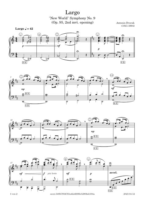 Largo From The New World Symphony Antonín Dvořák Sheet Music For