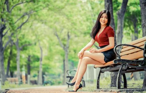 Wallpaper Shoes Sexy Smile Skirt Brunette Blouse Legs Asian For Mobile And Desktop