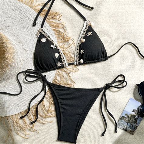 Black Halter Bikini With Seashell Embellishments On Luulla