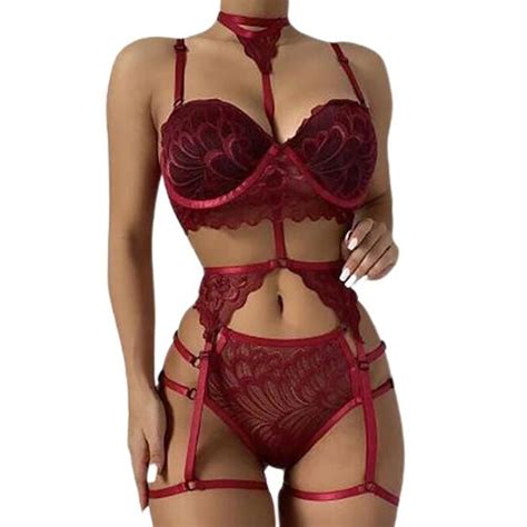 COORDONNES ENSEMBLE LINGERIE Soutien gorge à lanières en dentelle ensemble de jarretière Wine