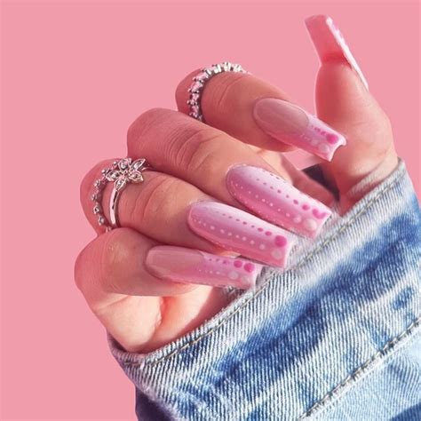 Long French False Nails Nude Polka Dot Design Ballerina Fake Nails Press On Nails Coffin