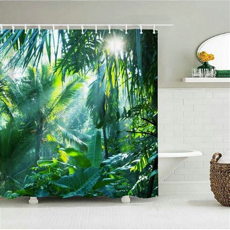 Forest Landscape Shower Curtains Green Tropical Plant Palm Tree Flower