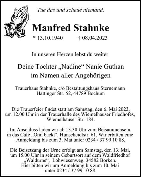 Traueranzeigen Von Manfred Stahnke Trauer In Nrw De