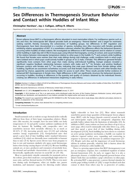 PDF Sex Differences In Thermogenesis Structure Behavior And Contact Within Huddles Of Infant Mice