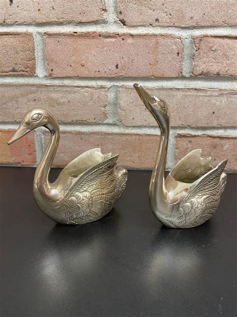 Set Of 2 Vintage Brass Swan Planters Small Planters Or Vanity Etsy