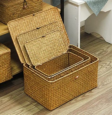 Feilanduo Shelf Baskets With Lids Set Of 3 For Home Decor Seagrass Storage Baskets Wicker Rattan