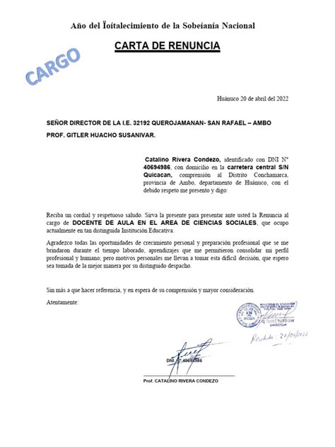 Carta De Renuncia Catalina Pdf Aprendizaje Modificación De