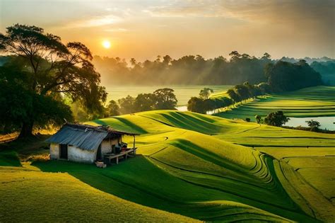 Una pequeña cabaña en un campo de arroz al atardecer Foto Premium