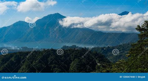 View Of Batur Lake And Mount Agung In Bali Stock Photo Image Of Cloud