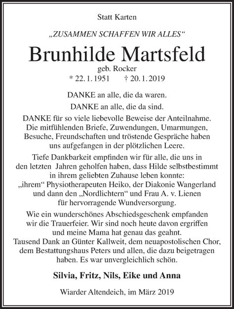 Traueranzeigen Von Brunhilde Martsfeld Nordwest Trauer De