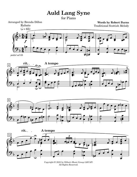 Auld Lang Syne Arr Brenda Dillon Sheet Music Traditional Scottish