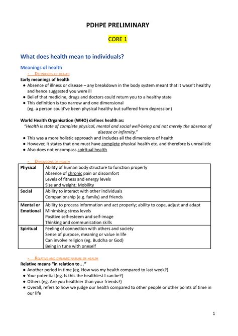 Pdhpe Preliminary Notes Pdhpe Preliminary Core 1 What Does Health Mean To Individuals