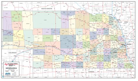 Nebraska Laminated Wall Map County and Town map With Highways - Gallup Map