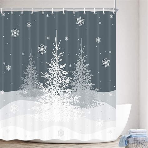 Winter Fabric Shower Curtain Christmas Trees Shower Curtains White