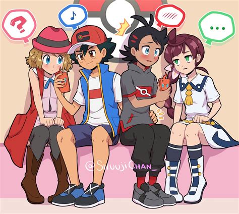 Safebooru 2boys 2girls Antenna Hair Ash Ketchum Baseball Cap Black Hair Black Shorts