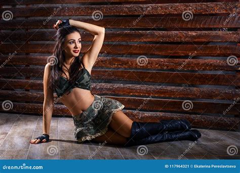Woman In Uniform Military Beautiful Portrait Of Brunette In Military Uniform Stock Image