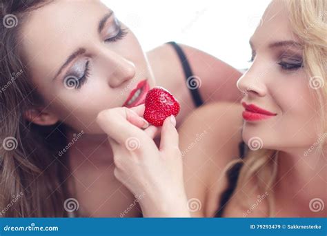 Woman Feeding Lesbian Lover With Strawberry Stock Image Image Of Erotic Sensuality