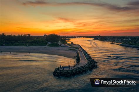 Jupiter Inlet Sunset Fishing Aerial Lighthouse Royal Stock Photo