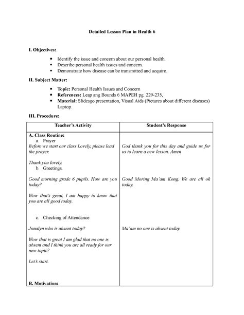 Detailed Lesson Plan In Health Objectives Identify The Issue And